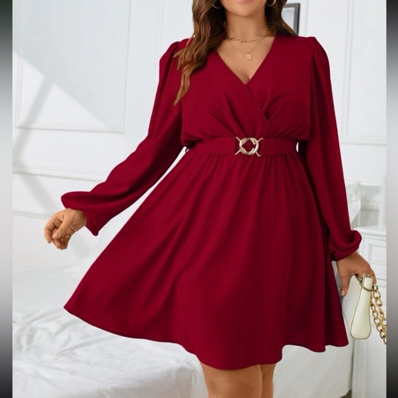 Plus size burgundy surplice neck lantern sleeve belted dress - Picture 10 of 15
